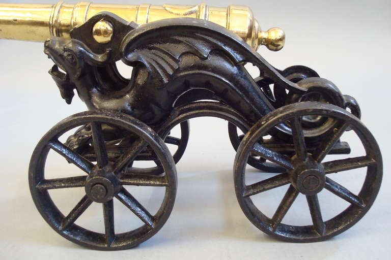 19th Century Pair of Ornamental Brass Cannons on Cast Iron 4 Wheel Carriages 4
