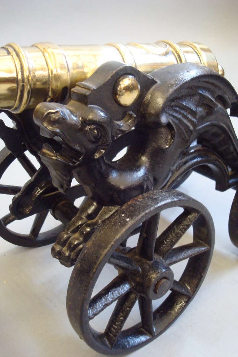 19th Century Pair of Ornamental Brass Cannons on Cast Iron 4 Wheel Carriages 5