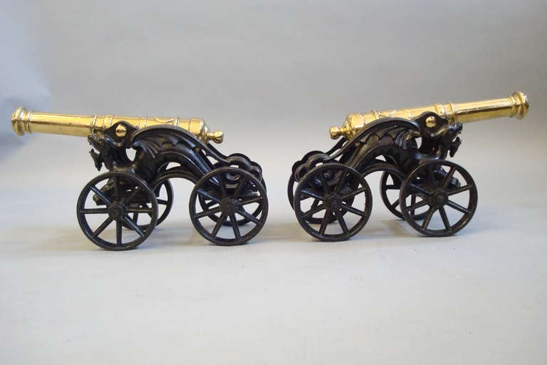19th Century Pair of Ornamental Brass Cannons on Cast Iron 4 Wheel Carriages 6