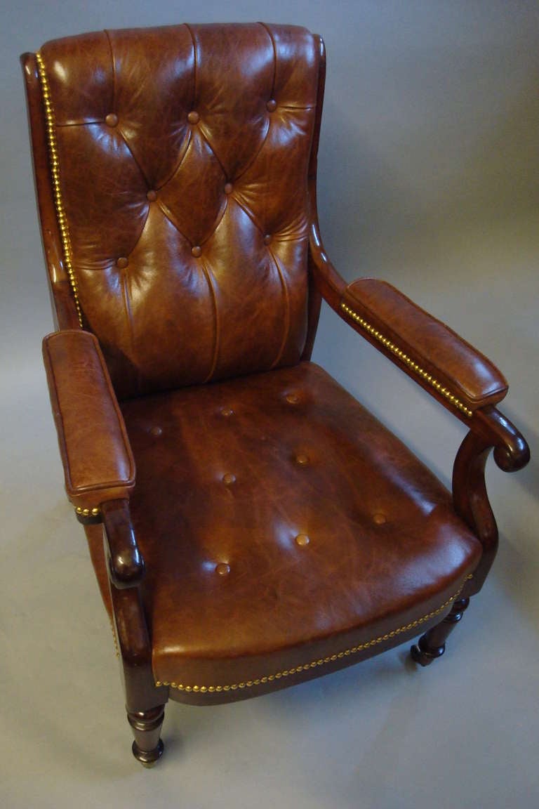 A Good Regency Mahogany and Leather Library Open Armchair For Sale 1
