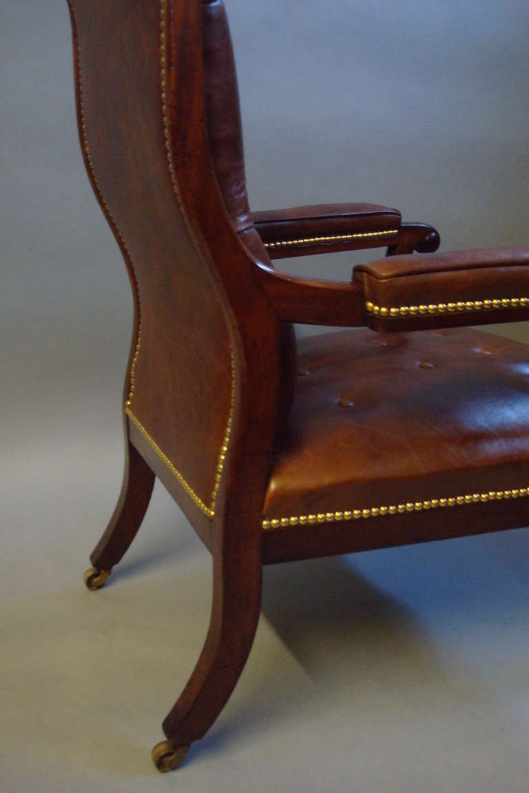 A Good Regency Mahogany and Leather Library Open Armchair For Sale 2