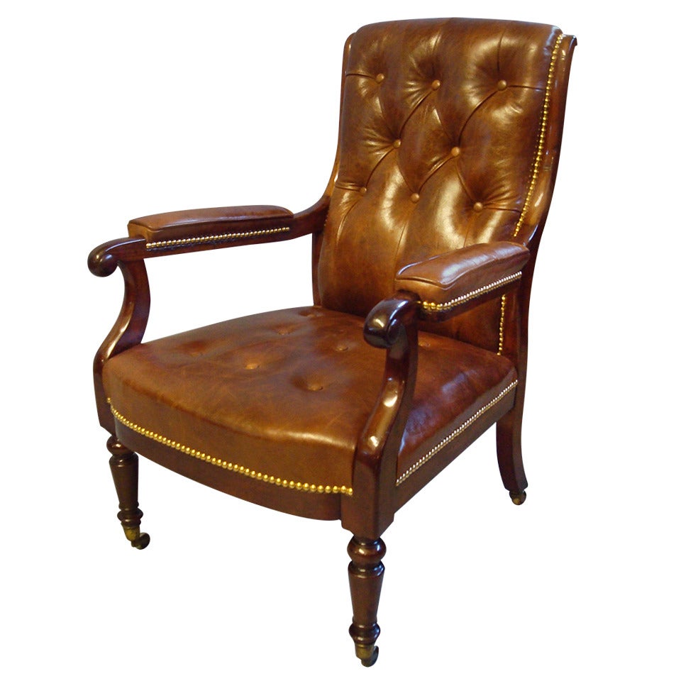 A Good Regency Mahogany and Leather Library Open Armchair For Sale