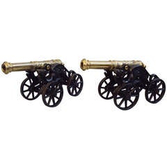 Antique 19th Century Pair of Ornamental Brass Cannons on Cast Iron 4 Wheel Carriages