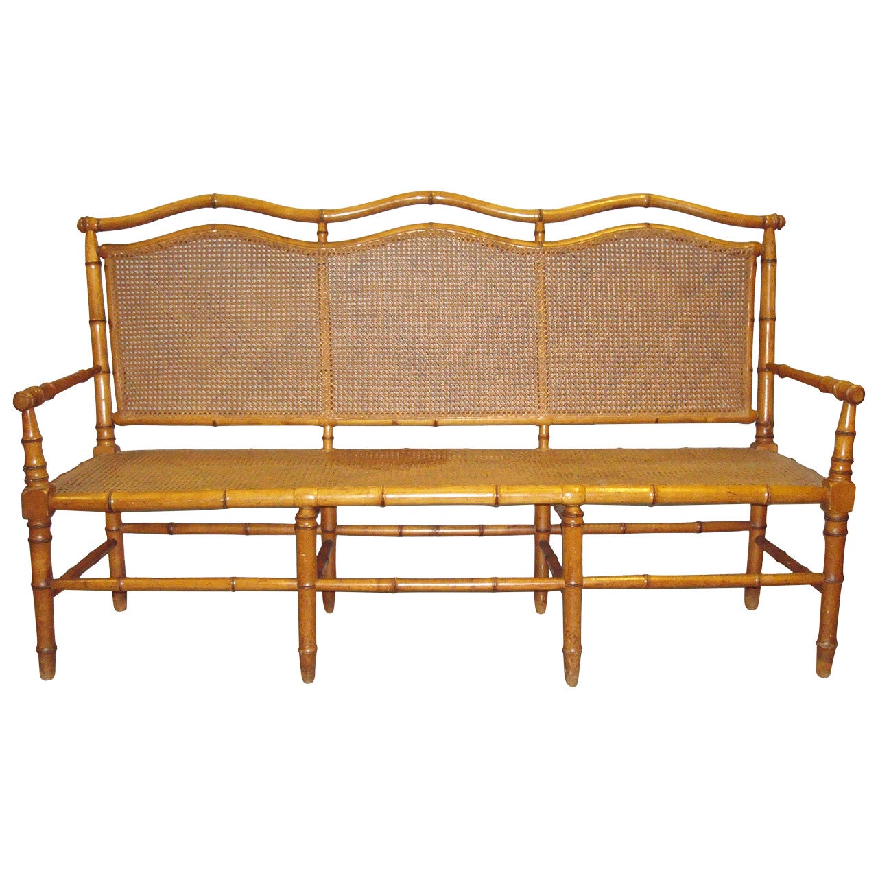 Stylish 19th Century Cherrywood Faux Bamboo Settee or Hall Seat For Sale
