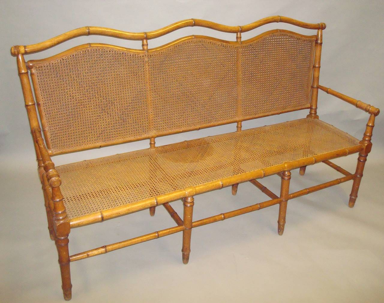 Stylish 19th Century Cherrywood Faux Bamboo Settee or Hall Seat In Good Condition For Sale In Moreton-in-Marsh, Gloucestershire