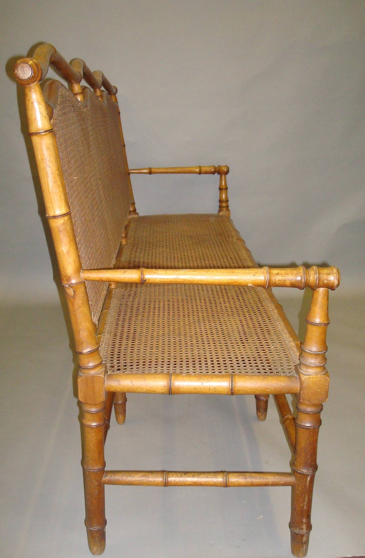 Late 19th Century Stylish 19th Century Cherrywood Faux Bamboo Settee or Hall Seat For Sale