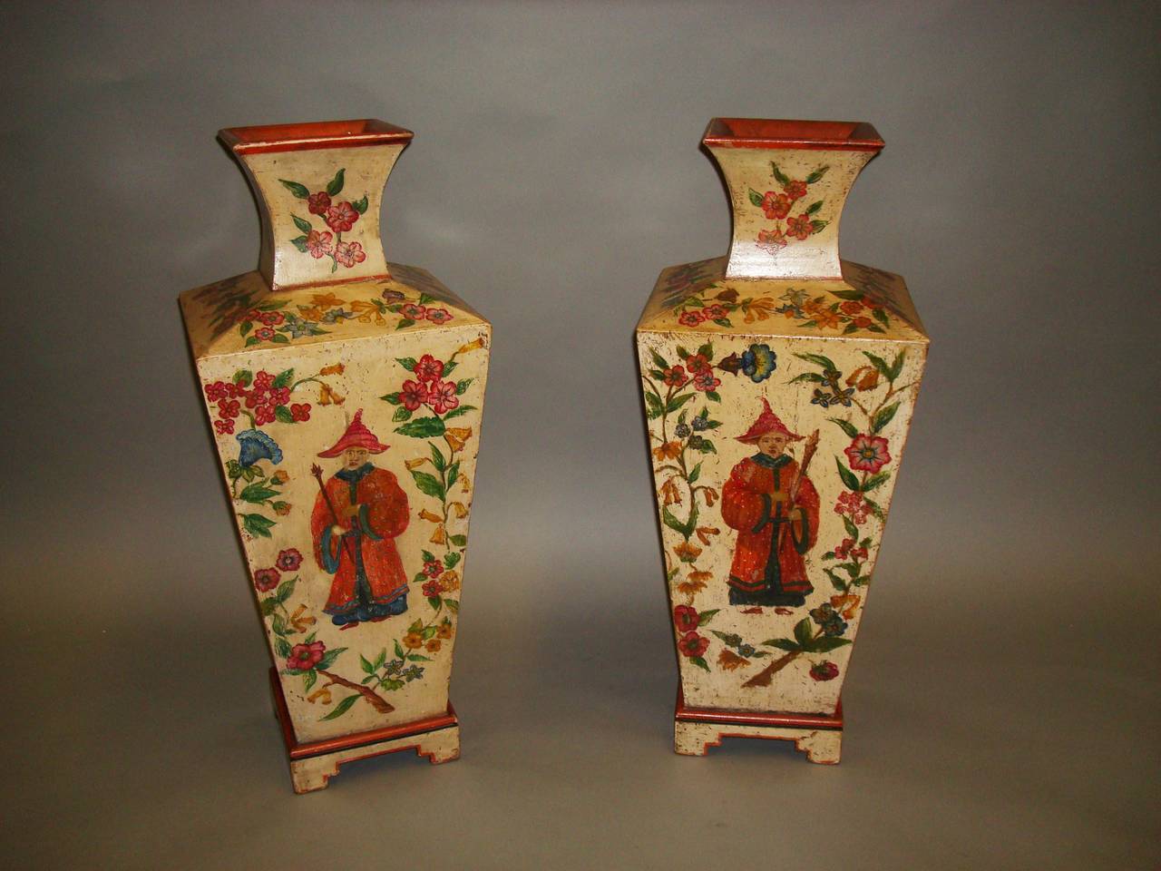 French Early 20th century Decorative Pair of Large Painted Pine Vases For Sale