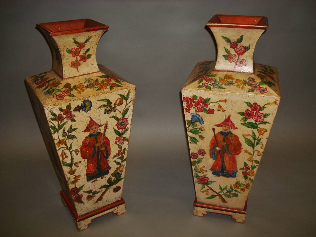 20th Century Early 20th century Decorative Pair of Large Painted Pine Vases For Sale
