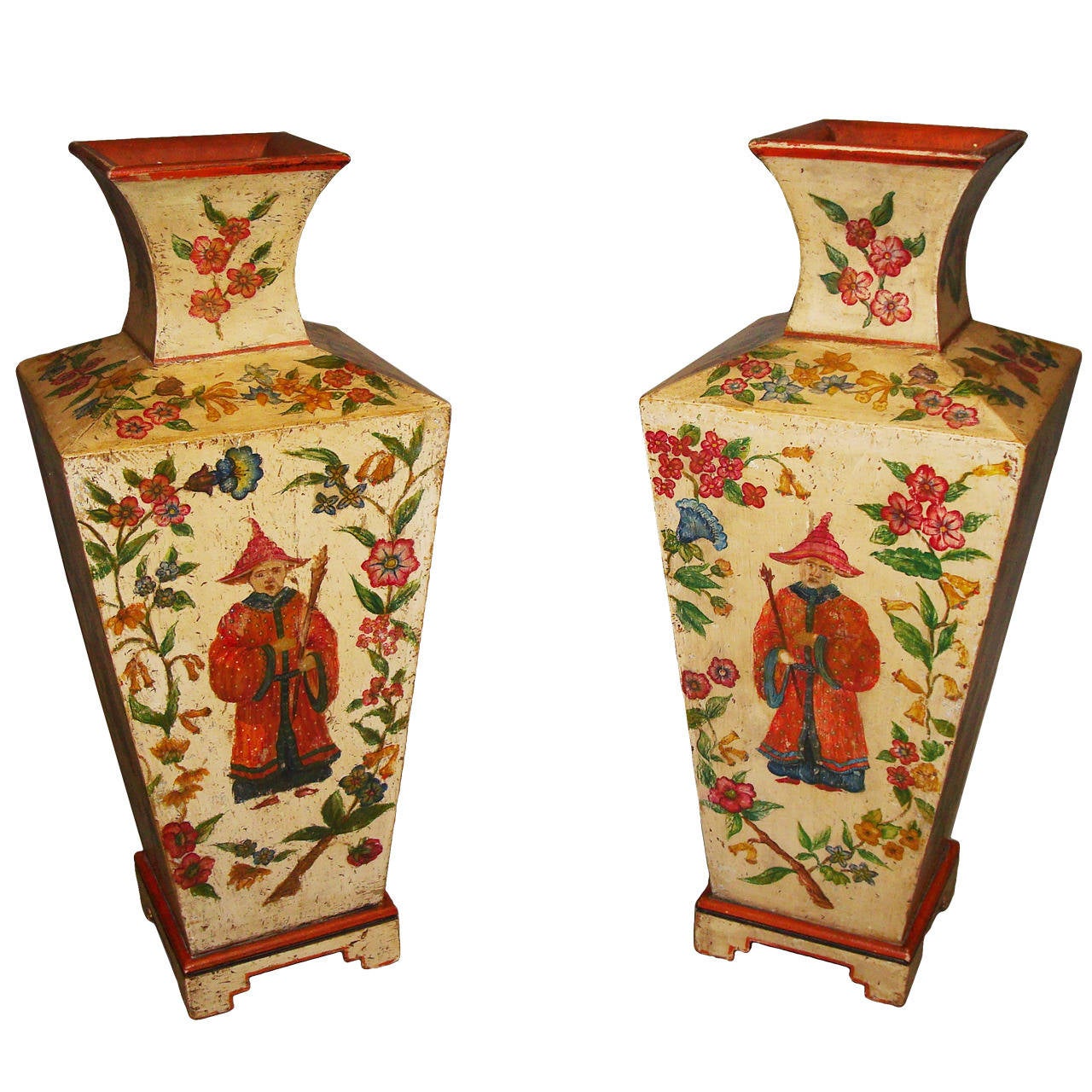 Early 20th century Decorative Pair of Large Painted Pine Vases For Sale at 1stdibs
