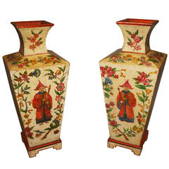 Early 20th century Decorative Pair of Large Painted Pine Vases 4