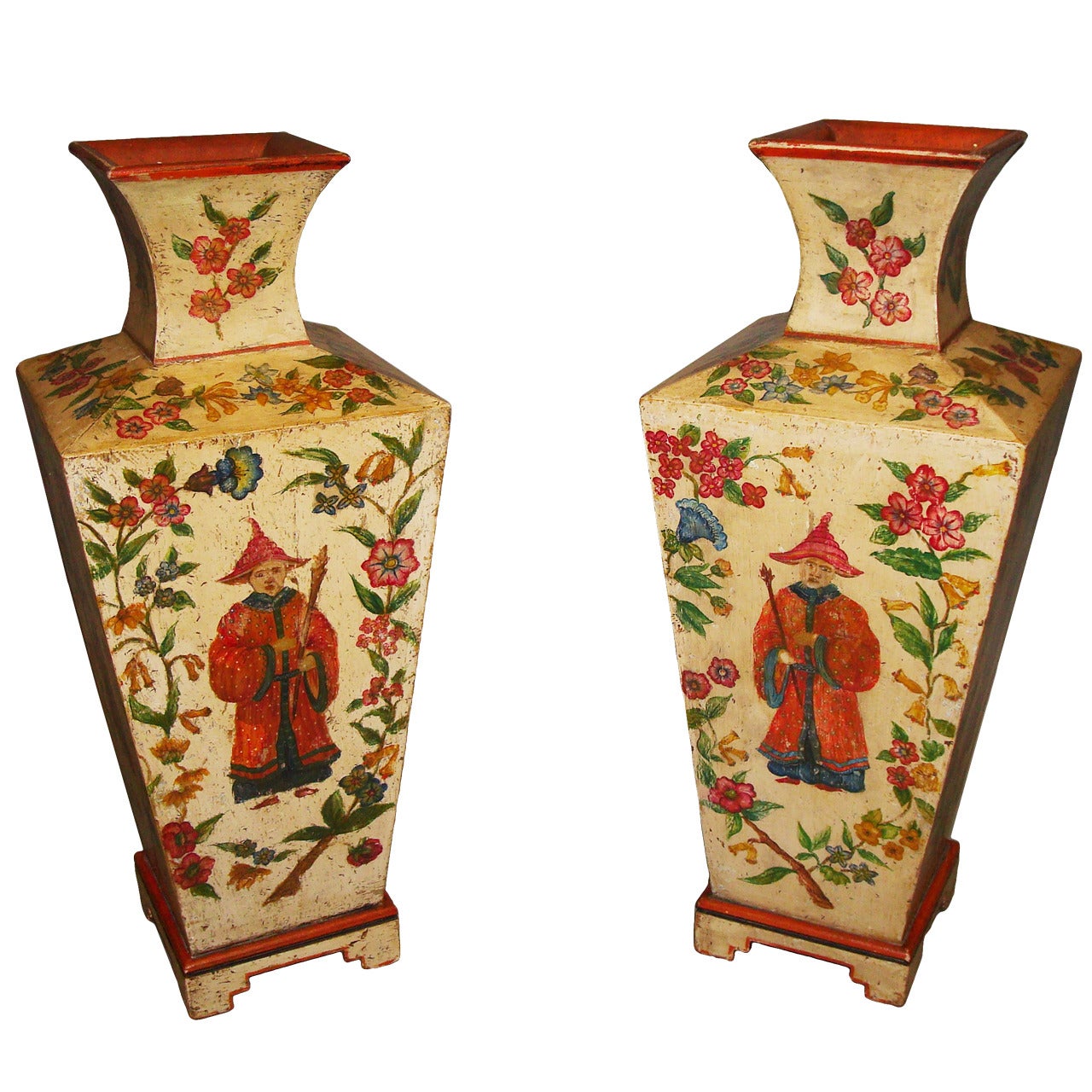 Early 20th century Decorative Pair of Large Painted Pine Vases For Sale
