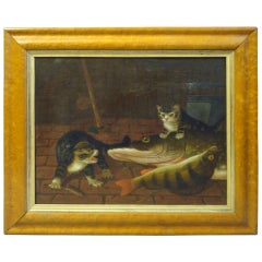 Mid 19th Century Oil Painting on Canvas of Cats with Fish