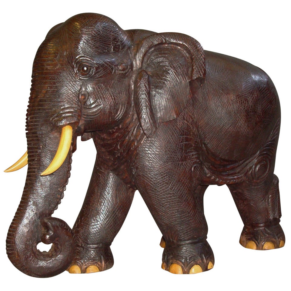Impressive Early C20th Carved Hardwood Indian Elephant (Wooden Tusks/Toes)