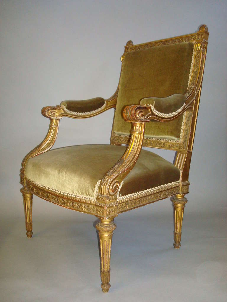Impressive 19th Century Pair of Carved Giltwood Fauteuils or Open Armchairs 1