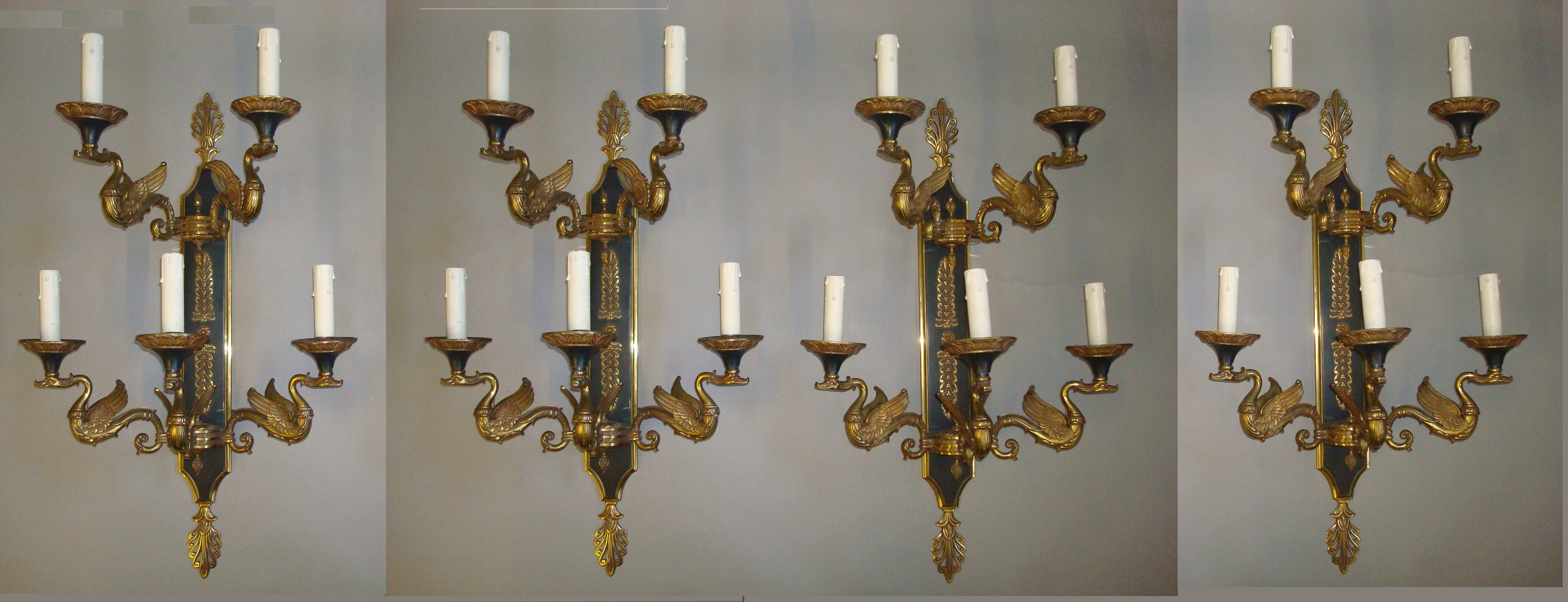 Exceptional Empire Style Set of Four Large Gilt Brass Wall Sconces / Lights