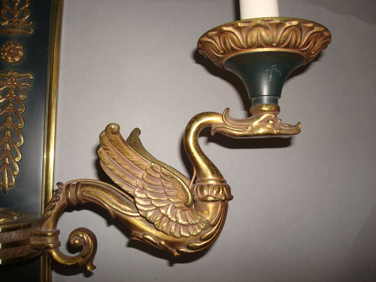 Exceptional Empire Style Set of Four Large Gilt Brass Wall Sconces / Lights In Good Condition In Moreton-in-Marsh, Gloucestershire