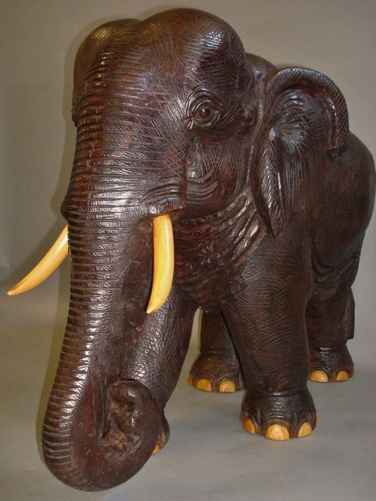 20th Century Impressive Early C20th Carved Hardwood Indian Elephant (Wooden Tusks/Toes)