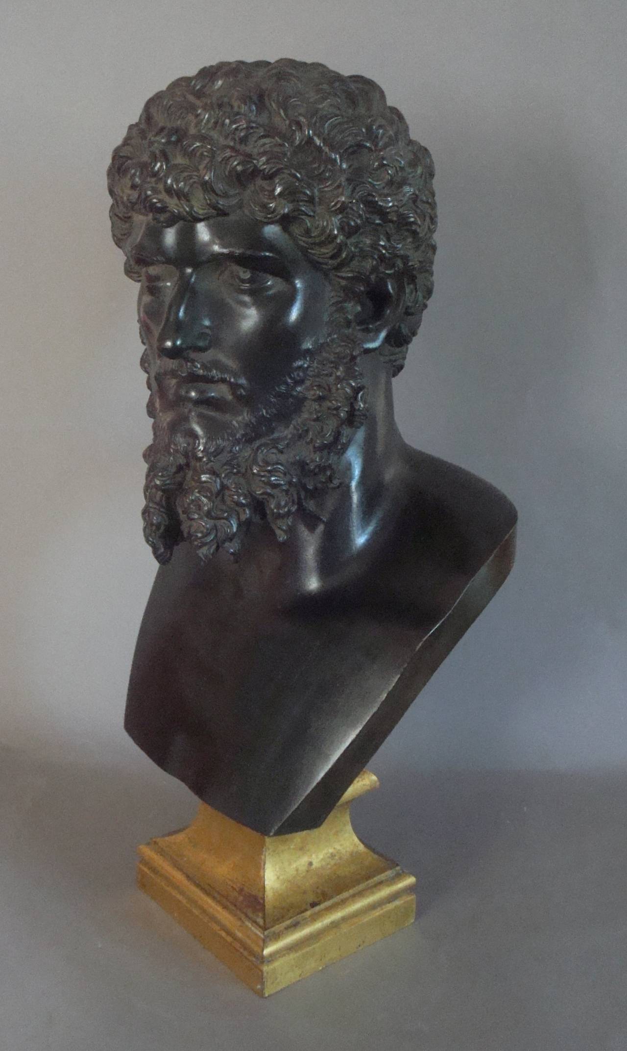 C19th Grand Tour bronze bust of Lucius Verus Emperor of Rome; who ruled 161-169 AD; this classical bronze is raised on original gilt bronze sockle.