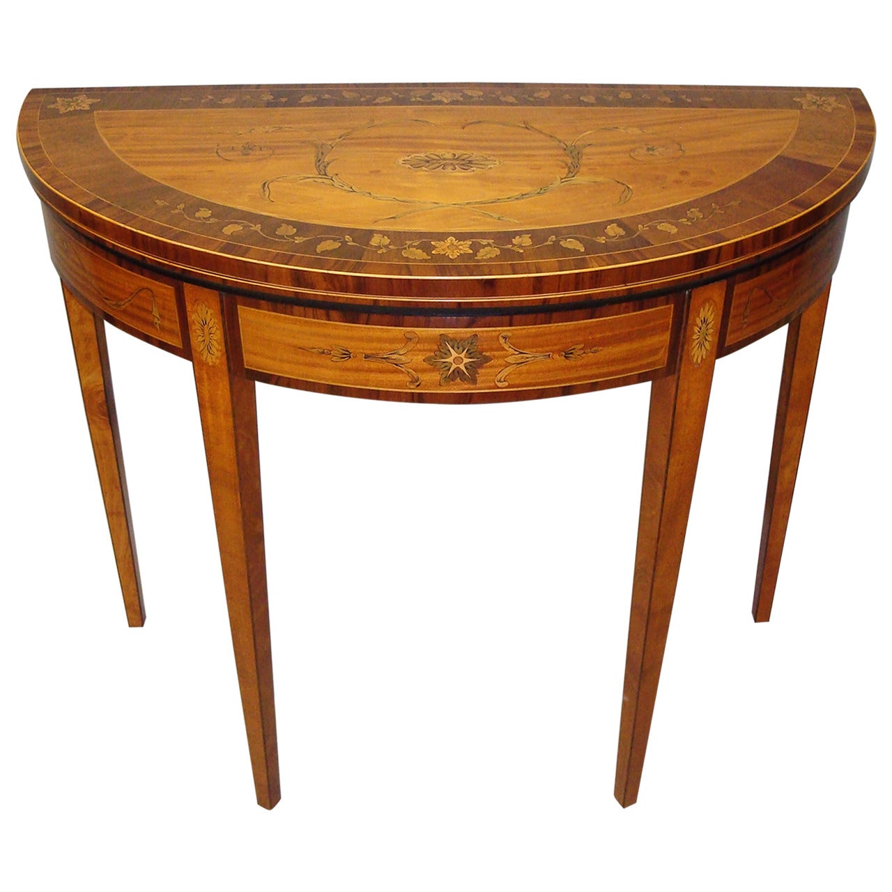 Fine George III Satinwood and Marquetry Demilune Card Table For Sale