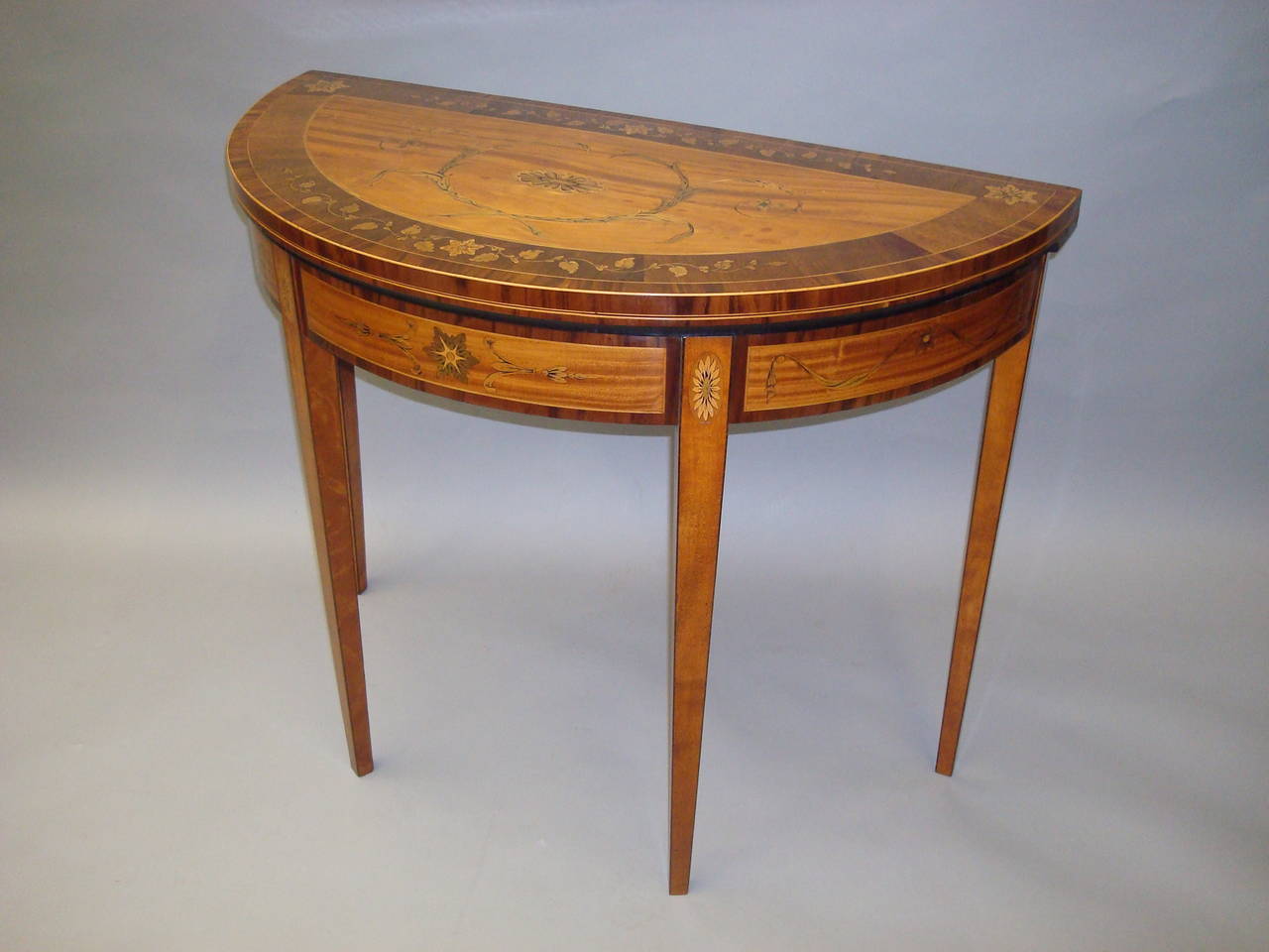 English Fine George III Satinwood and Marquetry Demilune Card Table For Sale