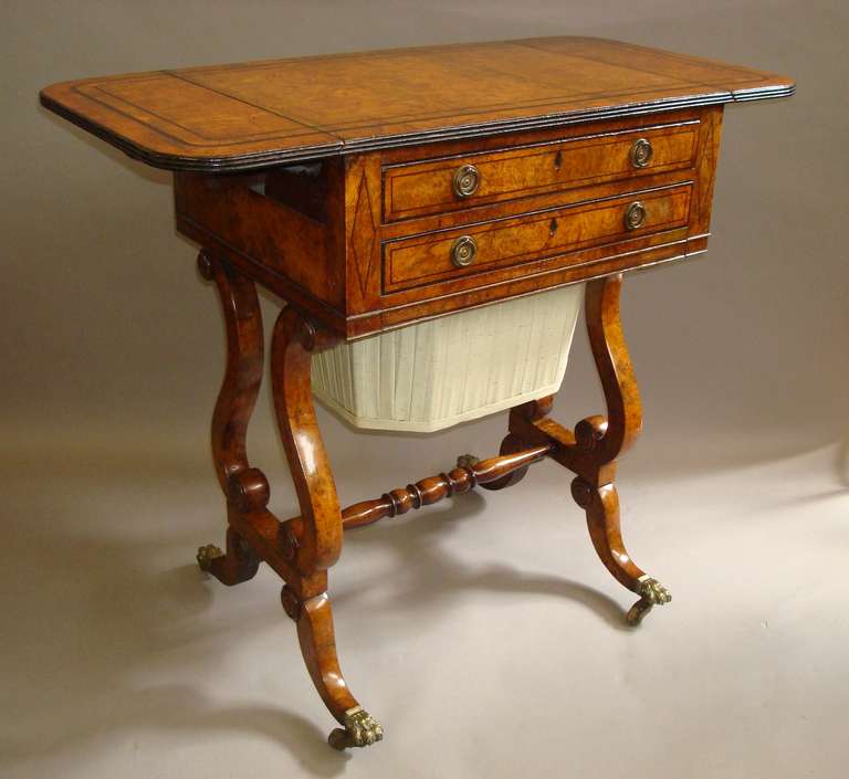 19th Century Good Regency Burr Elm Work Table with Ebony Inlay For Sale