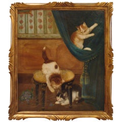 Antique Amusing Oil Painting of Three Mischievious Cats