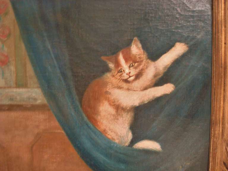 Early 20th Century Amusing Oil Painting of Three Mischievious Cats For Sale