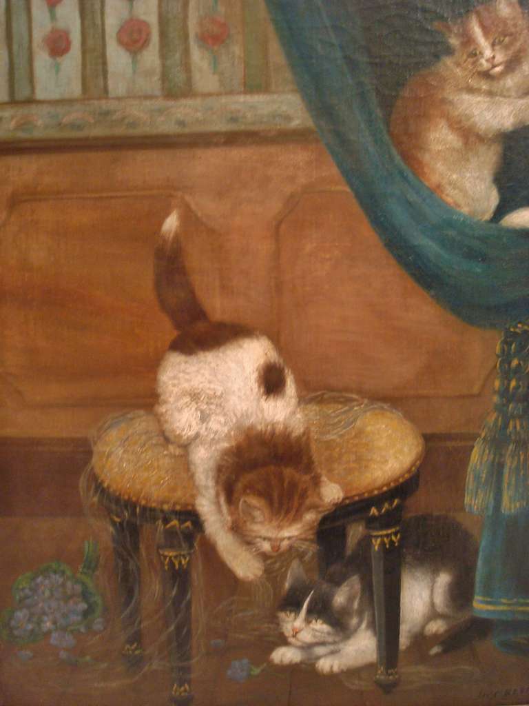 Amusing Oil Painting of Three Mischievious Cats For Sale 1