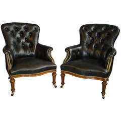 Good Pair of 19th Century Leather and Walnut Upholstered Library Armchairs