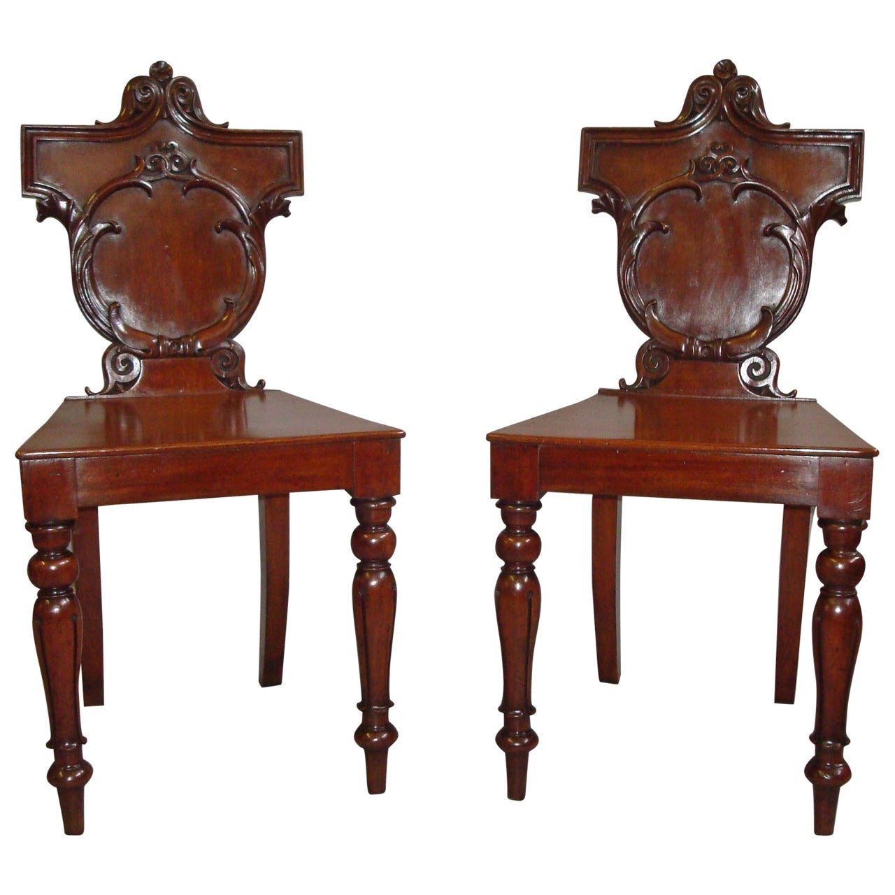 Late Regency Pair of Irish Mahogany Hall Chairs