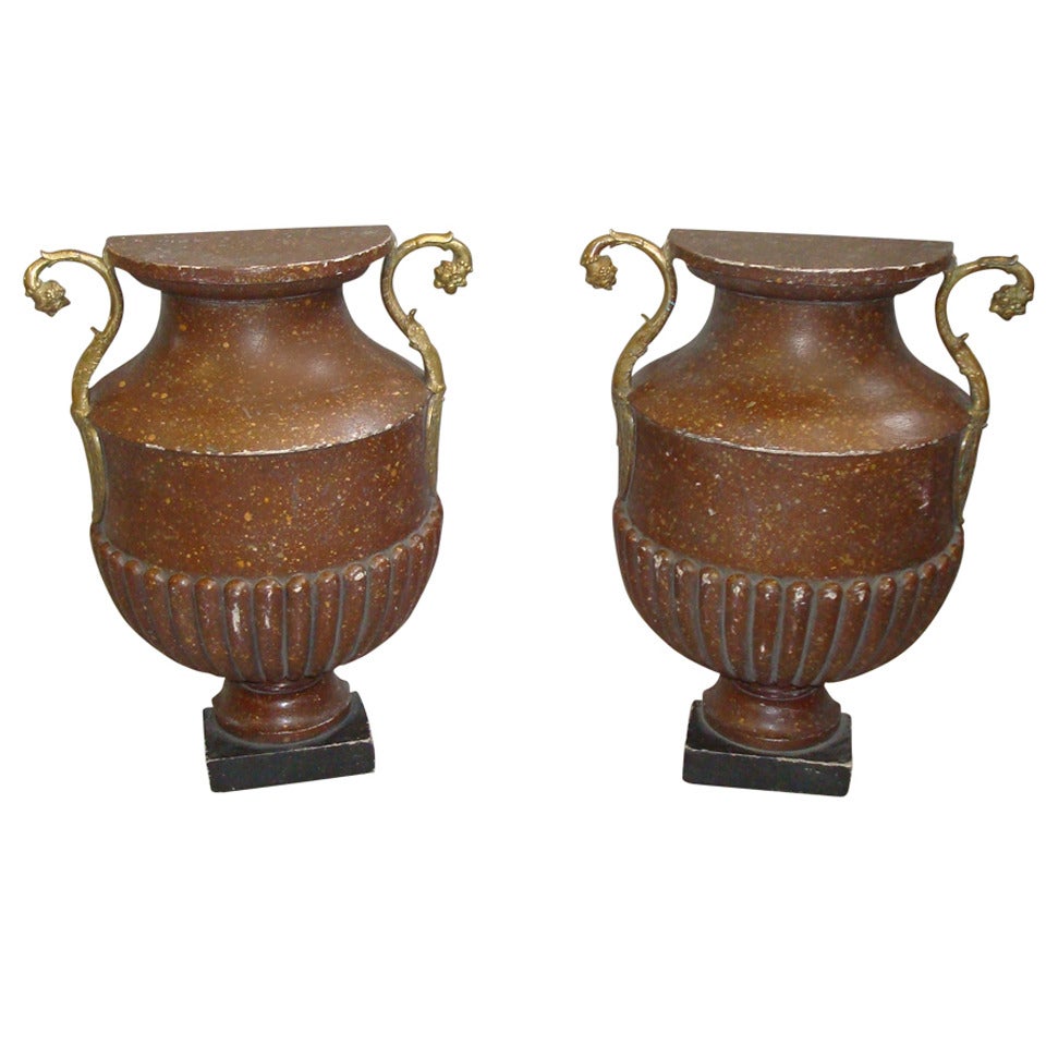 Unusual Pair of Faux Pophyry Flat Back Urns For Sale
