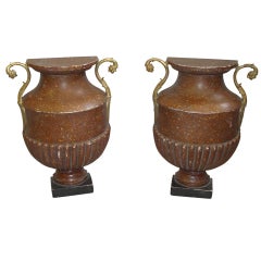 Antique Unusual Pair of Faux Pophyry Flat Back Urns