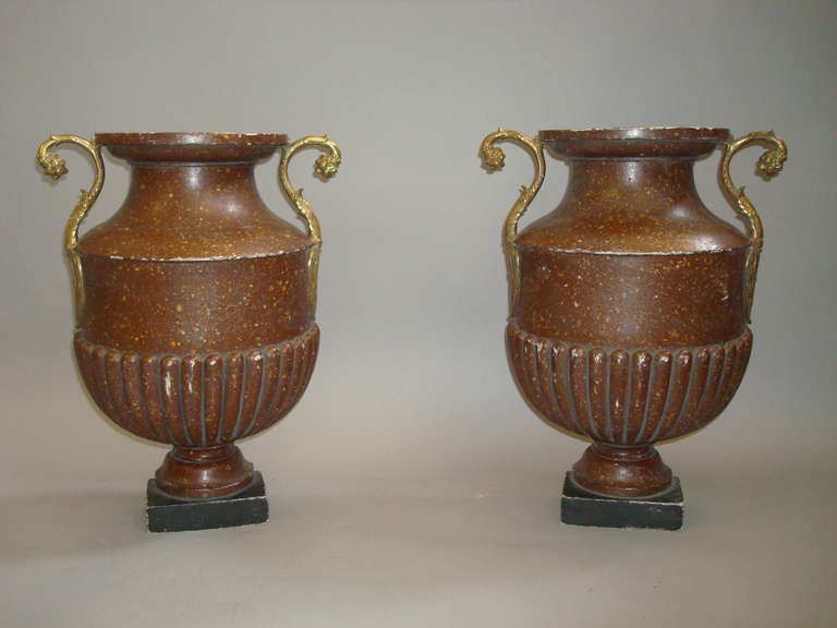 Neoclassical Unusual Pair of Faux Pophyry Flat Back Urns For Sale