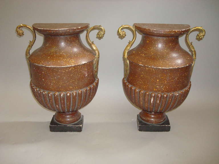 Unusual Pair of Faux Pophyry Flat Back Urns For Sale 2
