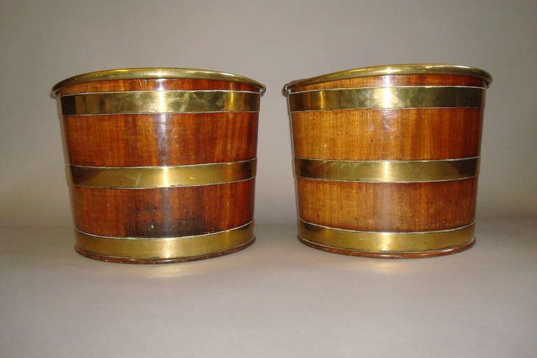 Late 18th Century Pair of George III Brass Bound Mahogany Plate Buckets For Sale