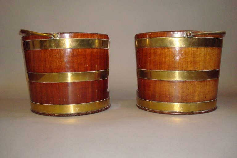 Pair of George III Brass Bound Mahogany Plate Buckets For Sale 1