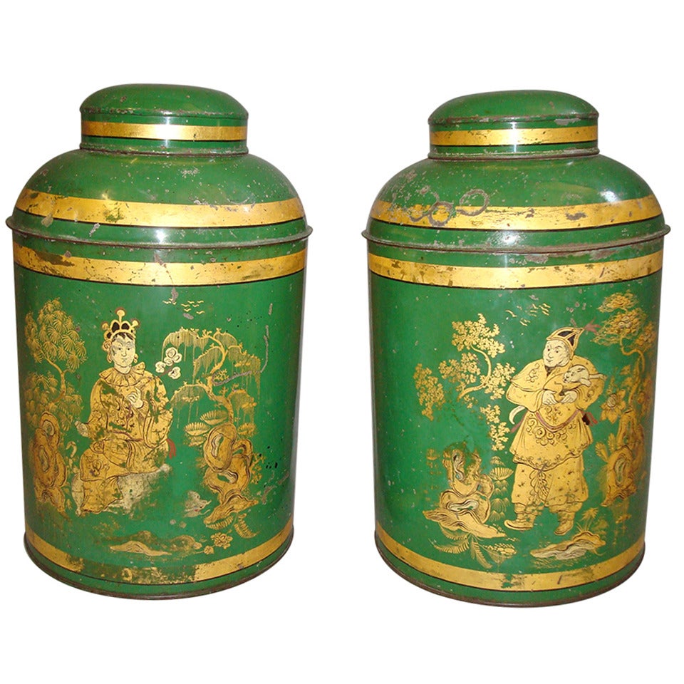 Good Pair of English 19th Century Japanned Tole Tea Canister For Sale