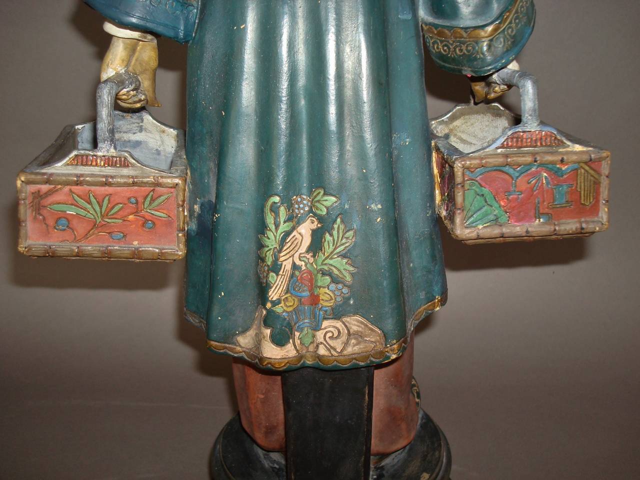 Polychromed 19th century Decorated Terracotta China Man Statue For Sale