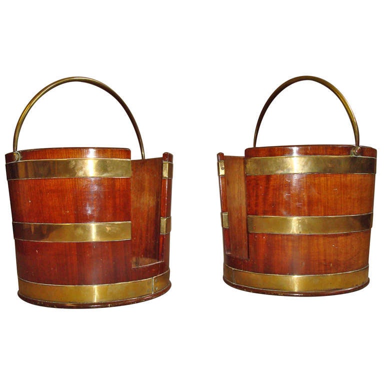 Pair of III Brass Bound Mahogany Plate Buckets For Sale at 1stdibs