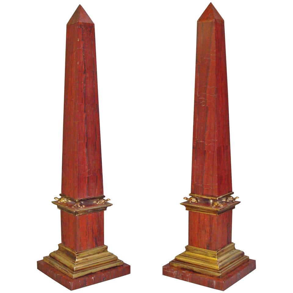 Pair Early C20th Sicilian Jasper Marble Obelisks For Sale