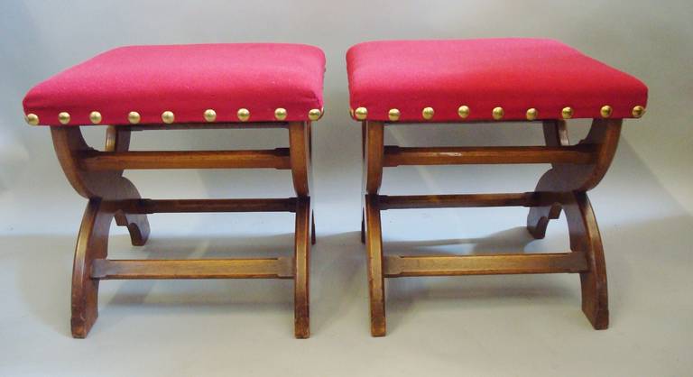 19th Century C19th Pair of Gothic Golden Oak Stools For Sale