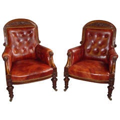 Antique A Good Pair of 19th Century Oak and Leather Library Chairs