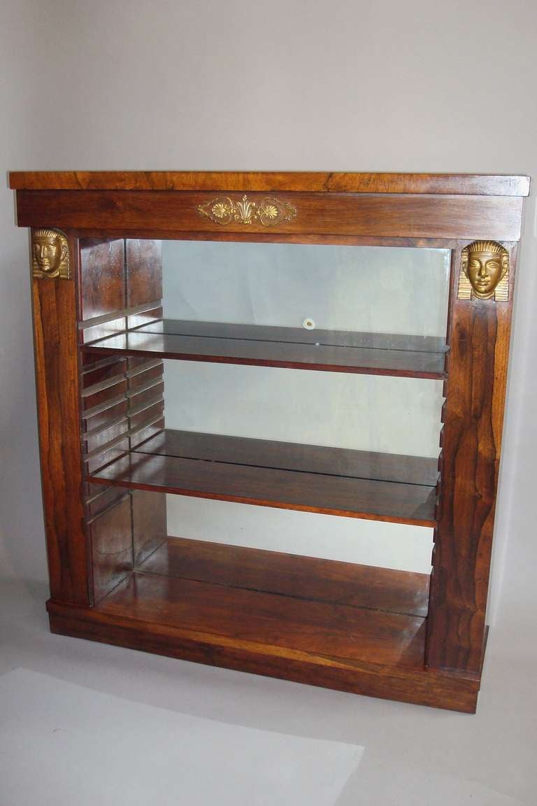 A good pair of Regency rosewood  open bookcases / side cabinets; the highly figured rectangular tops with 'book matched' veneers; above a frieze with a central gilt brass anthemion mounts; the cabinets with adjustable shelves and mirrored backs; the