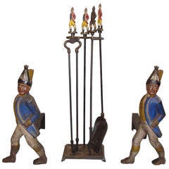Rare Set of C19th American Andirons & Fire Irons