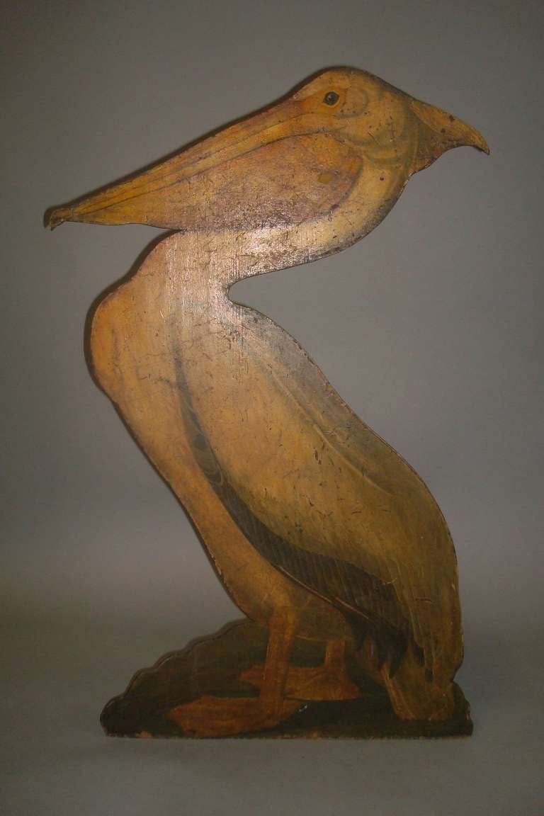 An interesting late C19th painted pelican; this very decorative pelican, naturistically painted on a pine panel with a folding rear support bracket.  In its original paint.
Good condition
English circa 1880
Dimensions (ins) 27½ high x 17 wide x 9