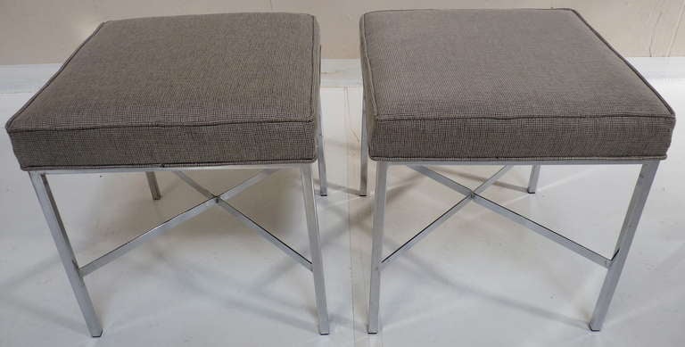 Pair of Chrome X Base Benches by Shelby Williams circa 1970's. This pair has been recently upholstered as shown and still retains original tag to underside.