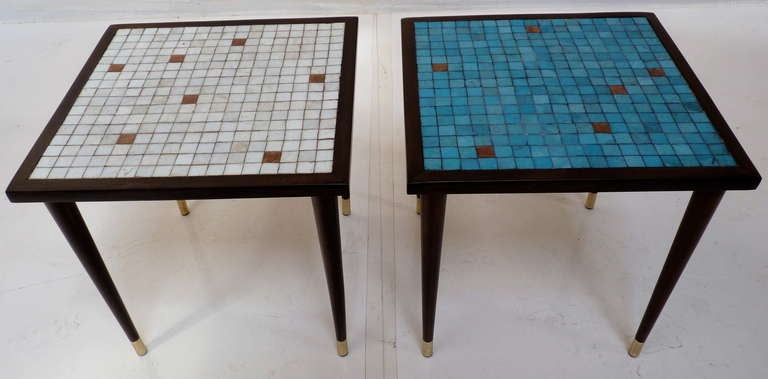 Glass Mosaic Tile Top Tables in Walnut with brass sabots. American, circa 1950's.