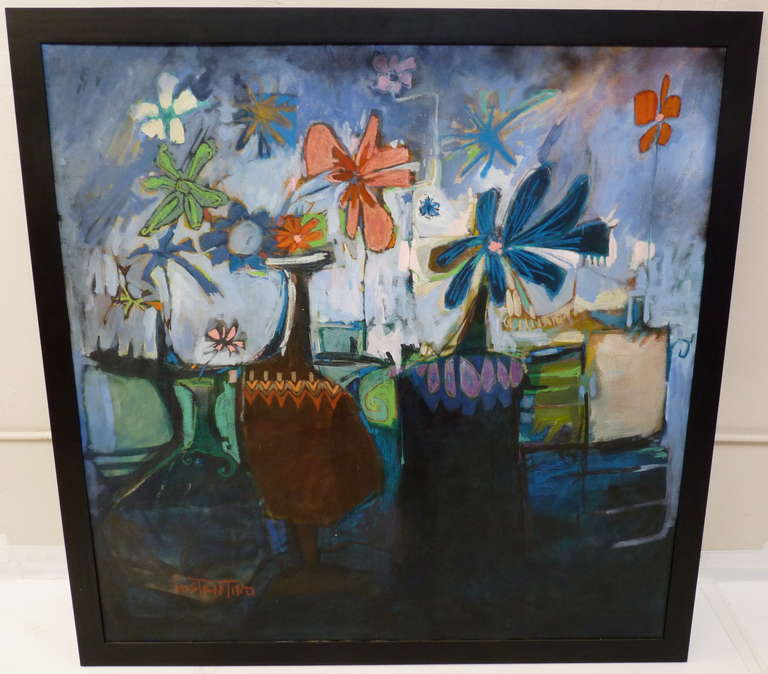 Large Mid-Century Modern Still Life on Canvas by Ralph Costantino circa 1960's. Ralph Costantino lived and painted prolifically in San Diego throughout the 1960's. This piece is among one of his best examples. Very large in size, this piece has