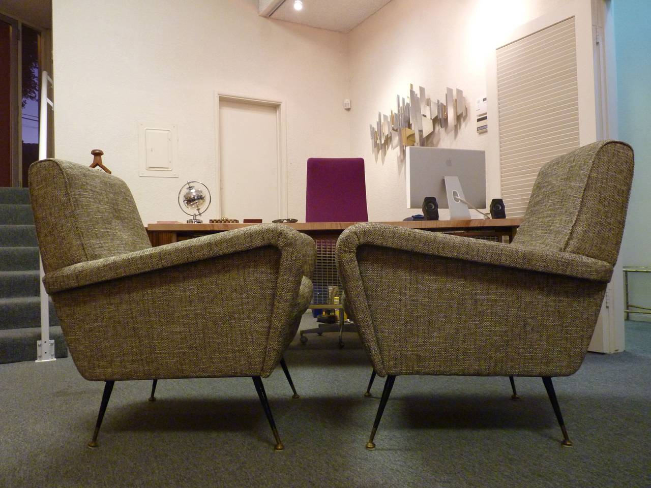 Pair of large-scale modern Italian chairs suitable for those who are 6 ft. + tall. Custom-made pair of chairs very unlike most Italian 1960s armchairs as they are very large-scale. These would work very well with contemporary scale furniture or in