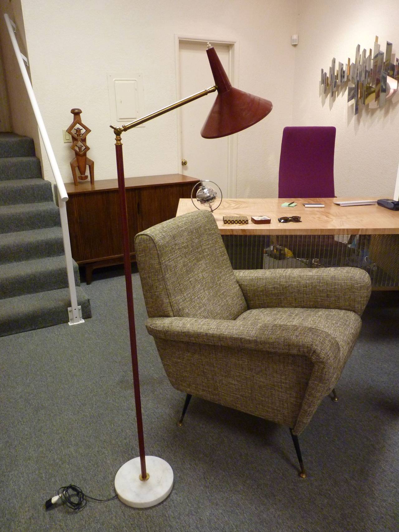 Italian floor lamp by Stilux with Carrara marble base, brass hardware and neck, with lacquered shade and stem in a brownish red. 

Dimension: Height as shown in picture is 62.5